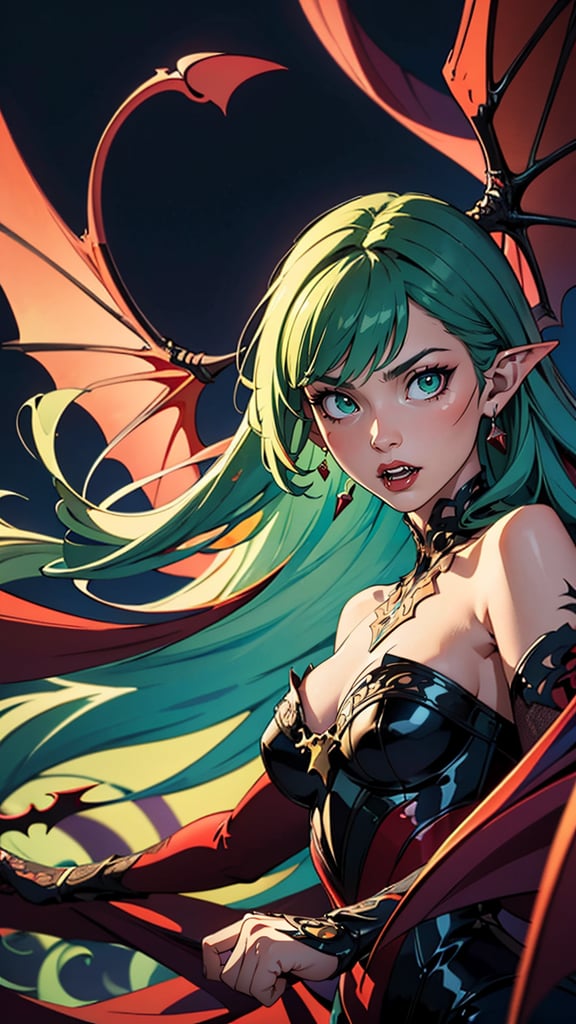 (best quality, masterpiece, colorful, dynamic angle, highest detailed)upper body photo, fashion photography of cute succubus girl, gothic, large demon red wings (high resolution textures), long green hair, (abstract art), half demon, crimson cat iris, cat eyes, vampire very long fangs, (intricate details, hyperdetailed:1.15), detailed, moonlight passing through hair, (official art, extreme detailed, highest detailed), HDR+