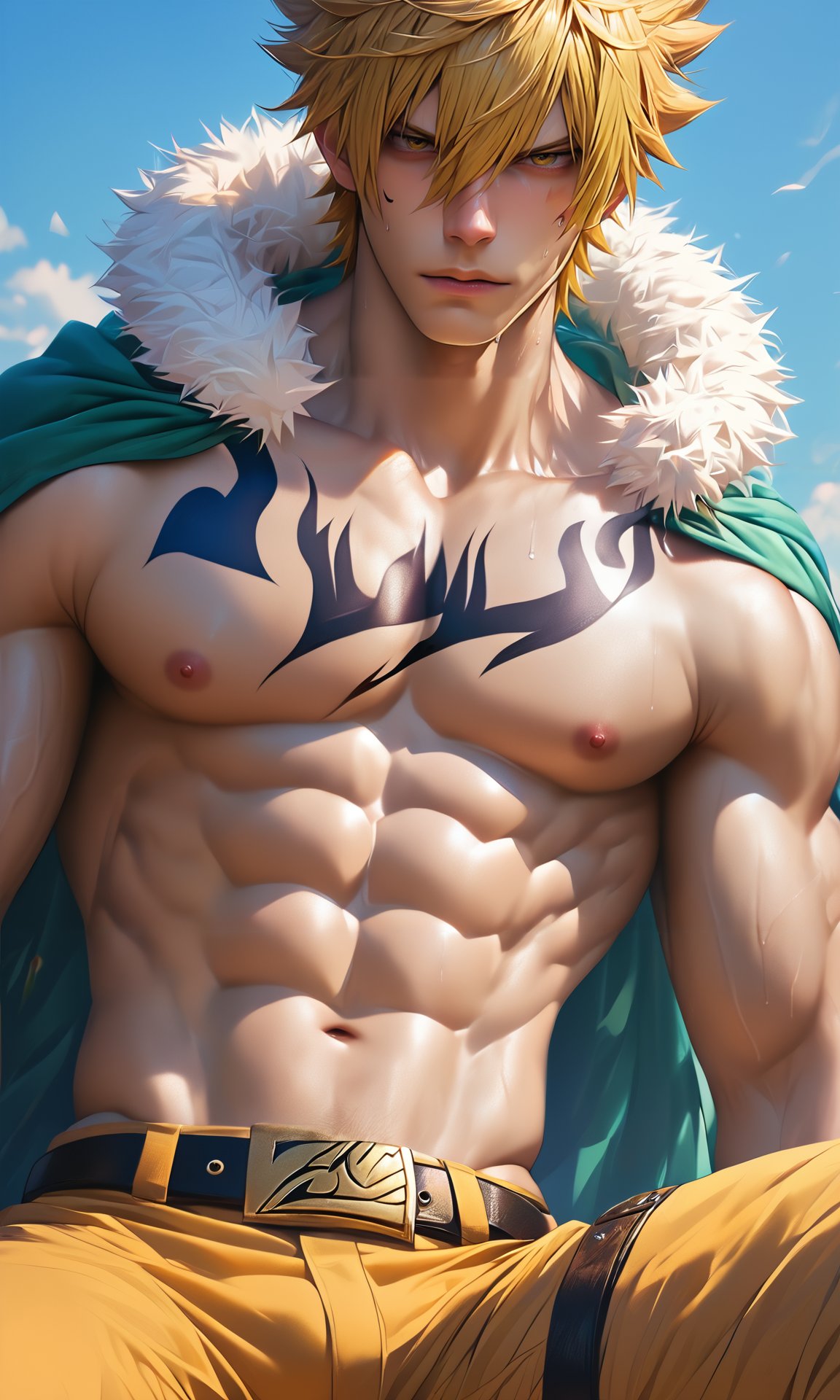 score_9,score_8_up,score_7_up,score_6_up,image in realistic 3d style, laxus dreyar, fairy tail, 1boy, abs, bara, belt, blonde hair, cape, chest tattoo, facial mark, fur-trimmed cape, fur trim, heavy breathing, large pectorals, male focus, male underwear, muscular, muscular male, navel, nipples, pants, pectorals, saund r pupu2, short hair, sitting, solo, sweat, sweatdrop, tattoo, thigh belt, thigh strap, unbuckled, underwear