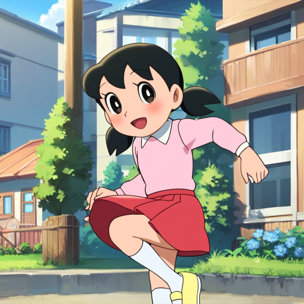 score_9, score_8_up, score_7_up, score_6_up, score_5_up, score_4_up, source_anime,minamoto shizuka,1girl, solo, skirt, outdoors, black hair, socks, white socks, twintails, red skirt, shoes, smile, shirt, open mouth, black eyes, pink shirt, looking at viewer, short twintails, kneehighs, collared shirt, long sleeves, :d, day, bright pupils, white pupils, house, low twintails, short hair, running, yellow footwear, blush, masterpiece, perfect face, best quality, beautiful eyes, shiny eyes, anime coloring, anime screencap, absurdres, outdoors, <lora:minamoto shizuka dskb 920:1>