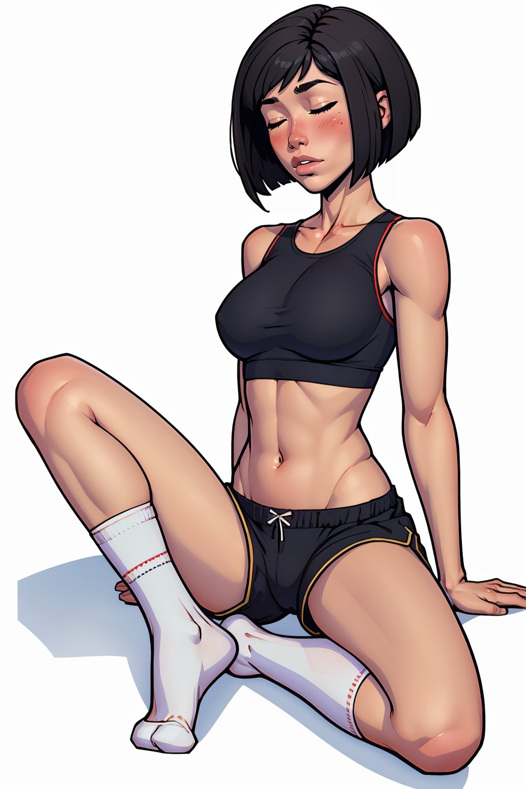 (masterpiece, best quality:1.2),  <lora:warlockandboobs:1>, warlockandboobs, 1girl, solo, short hair, socks, sports bra, white background, closed eyes, white socks, simple background, breasts, sitting, blush, shorts, bob cut, full body, black hair, underwear, small breasts, arm support