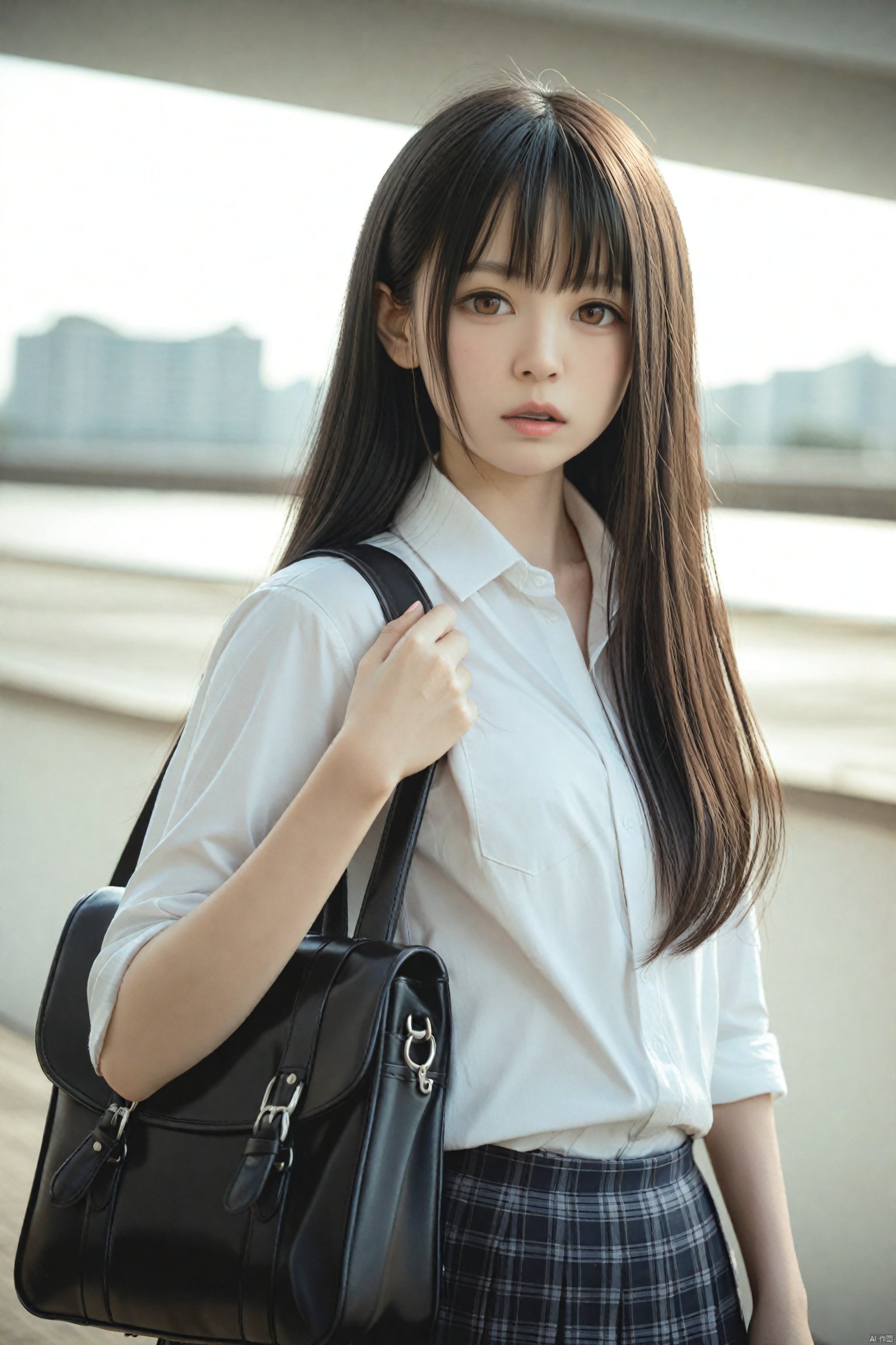 masterpiece,Realism,best quality,loli,1girl, long hair, bag, black hair, solo, school uniform, shirt, sleeves rolled up, blurry, looking at viewer, skirt, school bag, white shirt, realistic, lips, depth of field, upper body, black eyes, shoulder bag, brown eyes, nose, parted lips, plaid, plaid skirt, collared shirt<lora:EMS-344883-EMS:0.000000>, <lora:EMS-288516-EMS:0.000000>, <lora:EMS-300688-EMS:0.000000>, <lora:EMS-301024-EMS:0.300000>, <lora:EMS-339656-EMS:0.000000>, <lora:EMS-324355-EMS:0.000000>