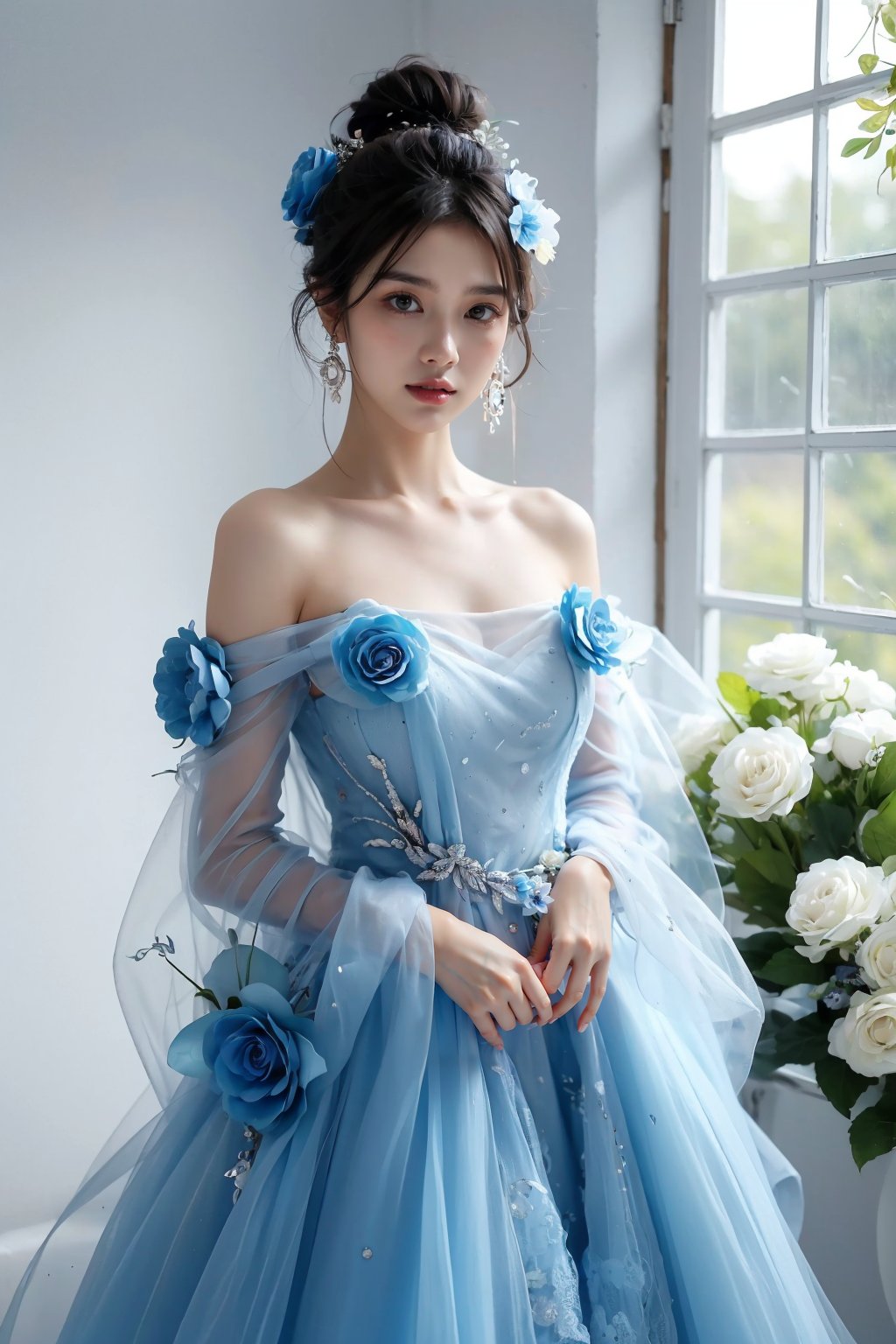 photorealistic,realistic,photography,masterpiece,best quality,ultra-detailed,extremely detailed CG unity 8k wallpaper,(reality: 1.4),1girl,solo, standing,black hair,long hair,hair ornament,looking at viewer,solo,looking at viewer,brown hair,black hair,hair ornament,dress,bare shoulders,jewelry,collarbone,flower,earrings,hair flower,hair bun,white background,blue flower dress, indoor studio<lora:JAY - BLUE FLOWER DRESS:0.8>, (best quality:1.3)