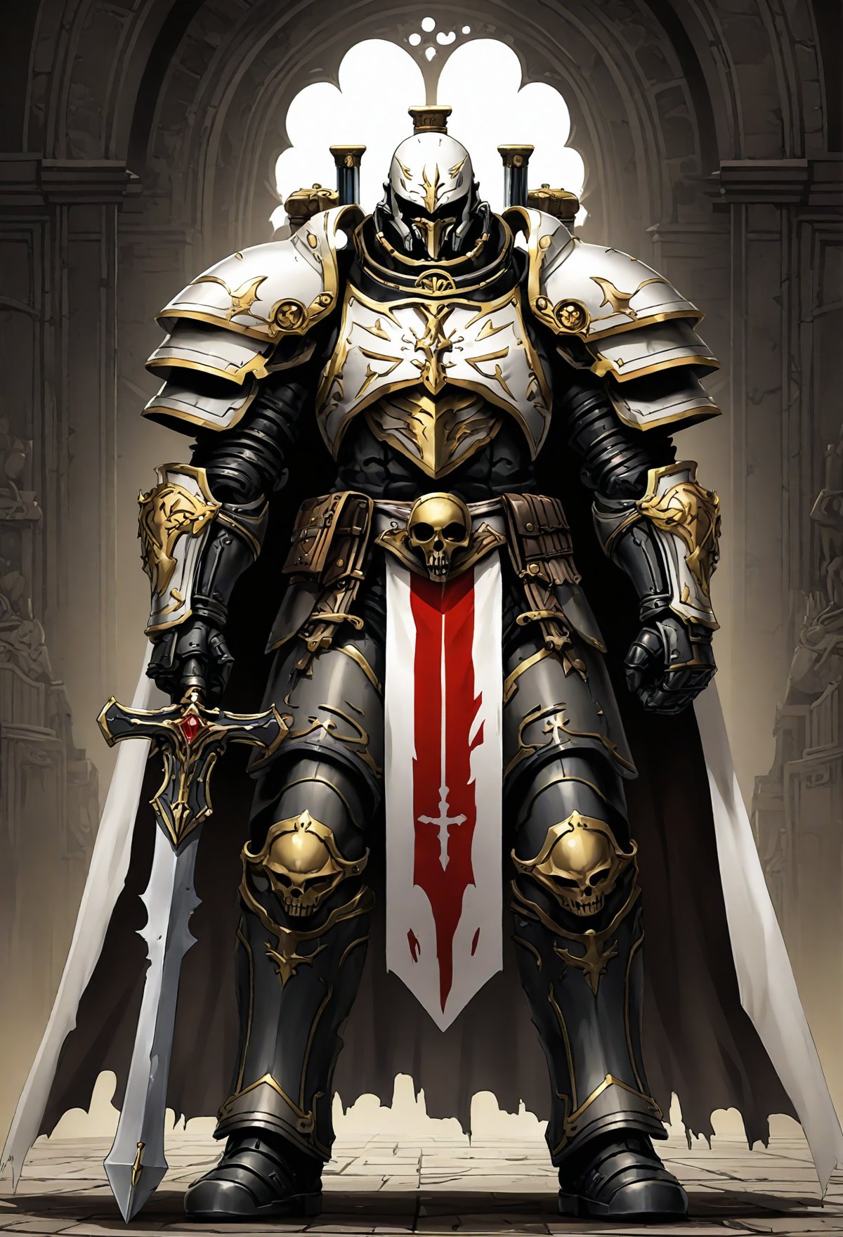 Anime Illustration, full body, Space Marine, white scars legion, portrait, standing. He is holding 40kchainsword. He is wearing a dead  white helmet, intricate dead  white armor, gold trimmings, cross detailing, tabard, torn cape, gauntlets, black fur, plate armor, dead  white full armor, panoply,  gothic architecture,  background, extremely detailed, absurdres, masterpiece, cel shading,