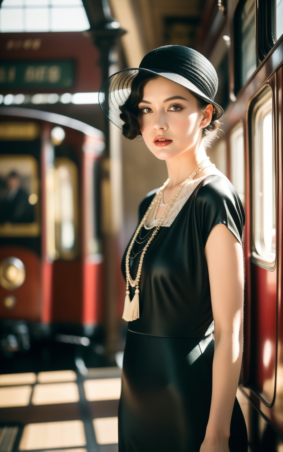 A captivating portrait session in a vintage train station,capturing the timeless elegance of a model styled in 1920s fashion. The backdrop features classic steam trains and the old-world charm of the station. The model,dressed in a flapper dress and cloche hat,embodies the glamour and spirit of the Roaring Twenties. The lighting is soft and nostalgic,enhancing the historic feel of the setting. The composition is stylish and sophisticated,with the model posed beside a vintage train,evoking a sense of travel and adventure from a bygone era. The camera angle captures the grandeur of the station and the chic style of the model,creating a portrait that is both romantic and historically rich,