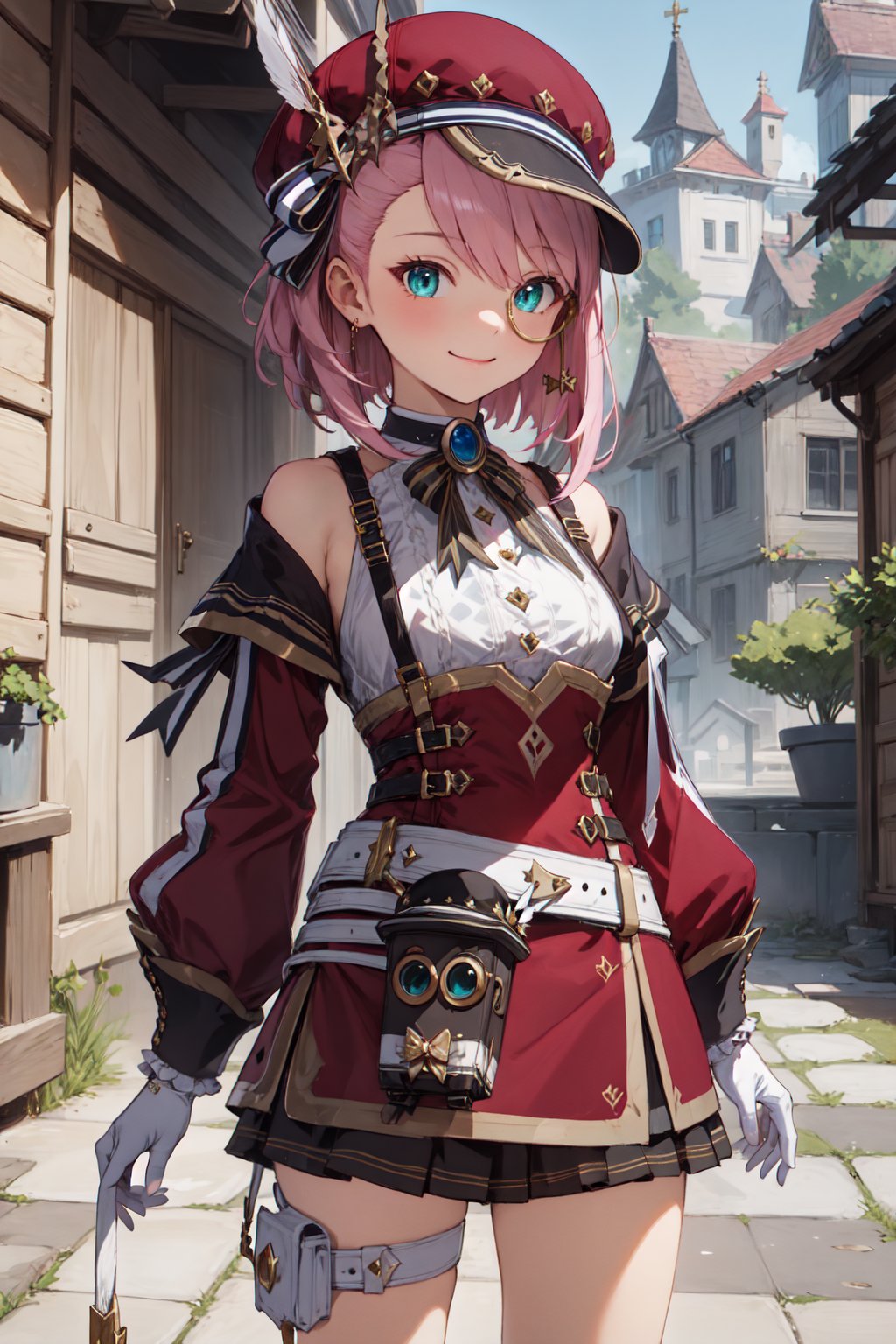 (masterpiece:1.3), (absurdres:1.3), (best quality:1.3), (ultra-detailed:1.3) , 1girl,hat, pink hair, gloves, bare shoulders, belt, green eyes,thigh strap, detached sleeves, white shirt, monocle, short hair, jewelry,ribbon, hat feather, medieval city, medieval village, kingdom background day, upper body, smile,  <lora:Charlotte-000009:1>