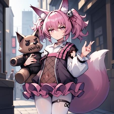 score_9, score_8_up, score_7_up, score_6_up, anime style, source_anime, BREAK <lora:Shamare_pony-000007:1> shampony, animal_ears, animal_ear_fluff, fox_ears, twintails, pink_hair, fox_girl, tail, fox_tail, hair_between_eyes, hair_ornament, pink_eyes, symbol-shaped_pupils, annoyed, white pantyhose, see-through,covered navel,  black panties visible through clothes, long sleeves, white shirt, microskirt, high heels, choker, holding stuffed toy, holding book, cowboy shot, 