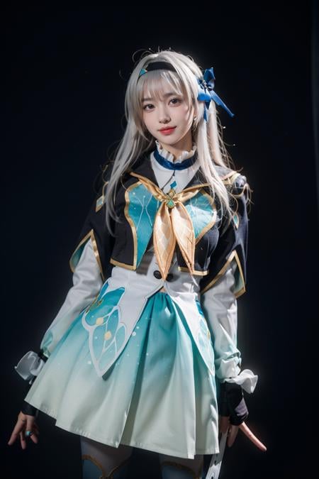 best quality, masterpiece, realistic, photorealistic, 1girl, solo, smile, looking at viewer, standing, cowboy shot,  firefly cosplay costume, cosplay, long hair, white hair, dress, cropped jacket, capelet, shirt, skirt, long sleeves, frilled sleeves, bow, neckerchief, ribbon, fingerless gloves, hairband, hair bow, hair ornament, gradient legwear, gradient pantyhose, simple grey background, <lora:Honkai_StarRail_Firefly_costplay_costume_v1:0.7>