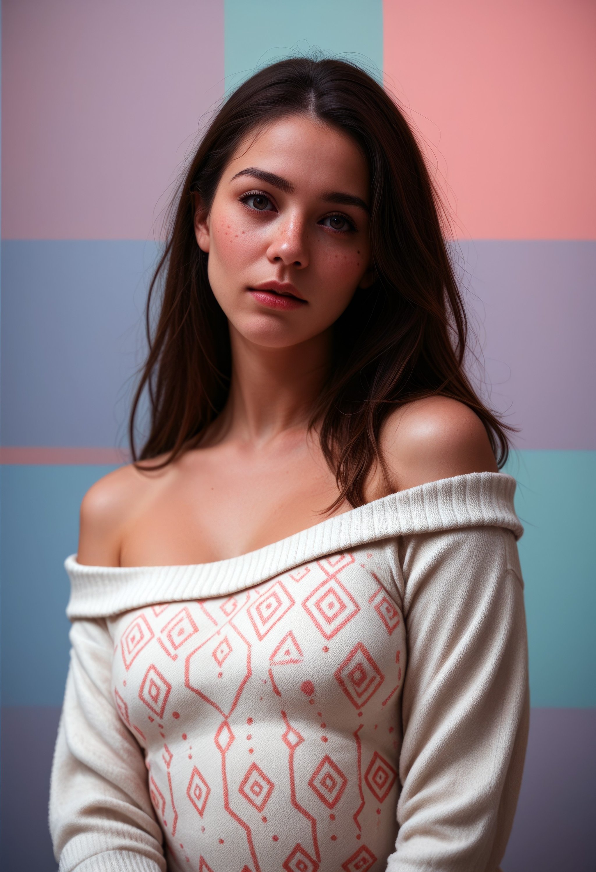 score_9, score_8_up, score_7_up, masterpiece, source_photo, (realistic:1.4)1girl, mysterious girl with freckles, an exotic girl in off-shoulder sweater, fading backlit background, pastel colors, alluring goddess, amazing depth, double exposure, surreal, geometric patterns, intricately detailed, bokeh, perfect balanced, deep fine borders, artistic photorealism, smooth