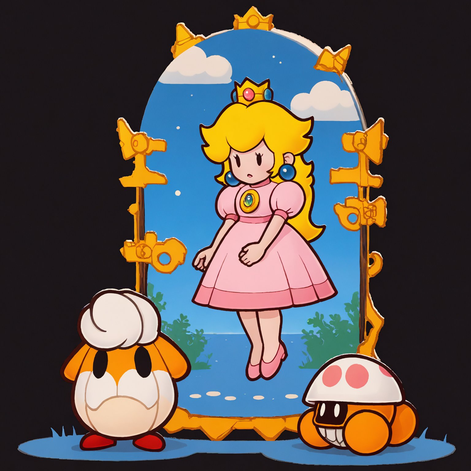 score_9, score_8_up, score_7_up score_9,score_8_up,score_7_up,rating_safe,1girl,princess peach,<lora:paper_mario_style-step00002000:1>,paper_mario_style,dot eyes,white outline,pink dress,simple background,black background,