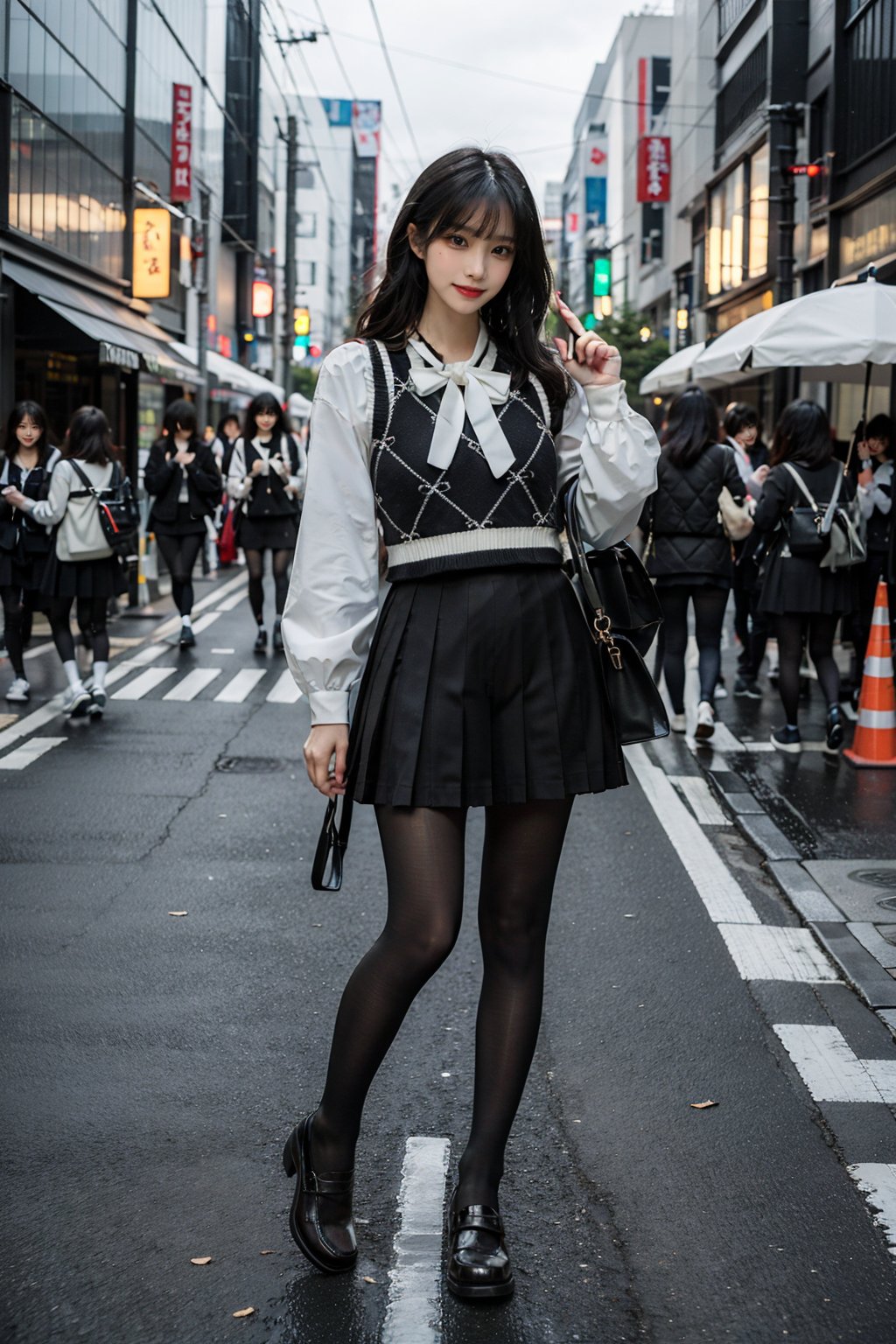 best quality, quality, masterpiece, photorealistic, 1girl, solo, full body, slime girl, dating attire, pantyhose, depth of field, in street, tokyo, cityscape, detailed background, <lora:dating_attire_style1_v1:0.75>