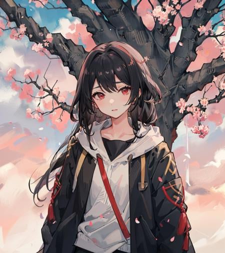 1girl,black hair, saigyou ayakashi, long_hair,jacket, <lora:SaigyouAyakashiV1-000008:1>,bare tree, hoodie,cherry blossoms, 