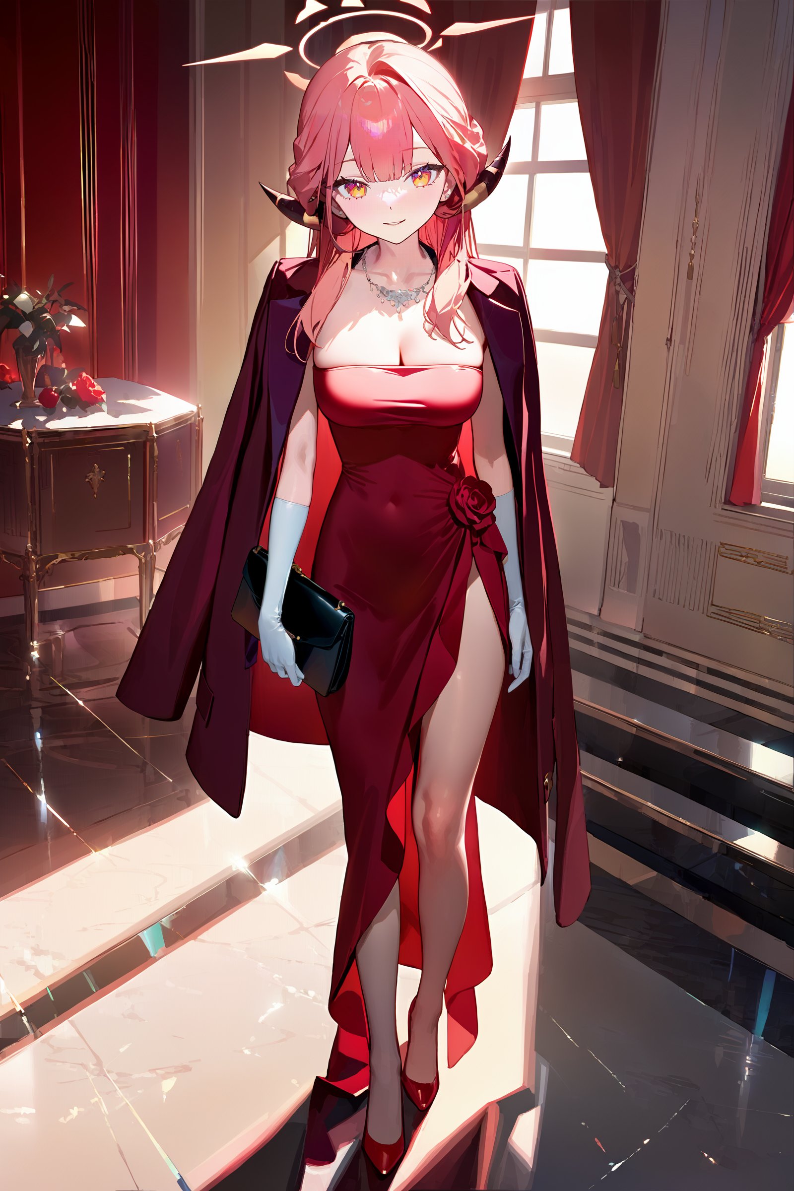 masterpiece, best quality, very aesthetic, ray tracing, newest,(hitenkei, askzy:0.5), 1girl, aru \(blue archive\), solo, horns, halo, white elbow gloves, red high heels, necklace, red evening gown, coat on shoulders, red coat, holding handbag, standing, full body, light smile, looking at viewer, ballroom, indoors, depth of field  <lora:quality1:0:hr=2>,  <lora:Char-BlueArchive-Aru-XL-V1:0.9>