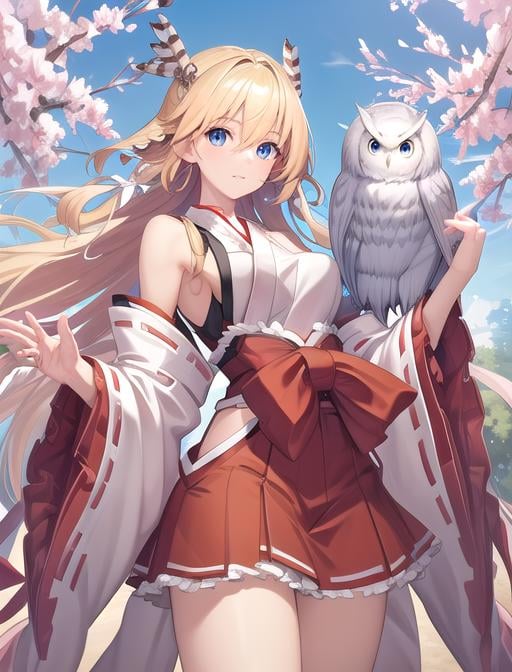 best quality, masterpiece, highres, detailed, digital artwork, <lora:Detail - add_detail:0.2>, MinervaVG, blue eyes, blonde hair, nontraditional miko, owl, <lora:Character - MinervaVG:0.8>