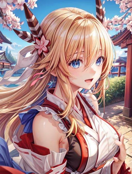 best quality, masterpiece, highres, detailed, digital artwork, <lora:Detail - add_detail:0.2>, MinervaVG, blue eyes, blonde hair, nontraditional miko, sakura <lora:Character - MinervaVG:0.8>, upper body, temple, excited, praying, 