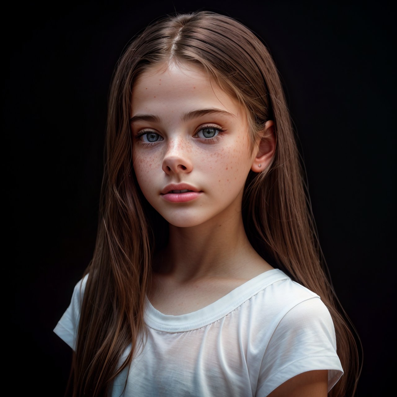 best quality, extra resolution, close up portrait of adorable (AIDA_LoRA_MeW2016:1.1) <lora:AIDA_LoRA_MeW2016:0.9> in (simple white t-shirt:1.1), [little girl], glossy skin with visible pores and freckles, pretty face, naughty, playful, intimate, flirting, cinematic, studio photo, kkw-ph1, (colorful:1.1), (charcoal smoky black background:1.1)