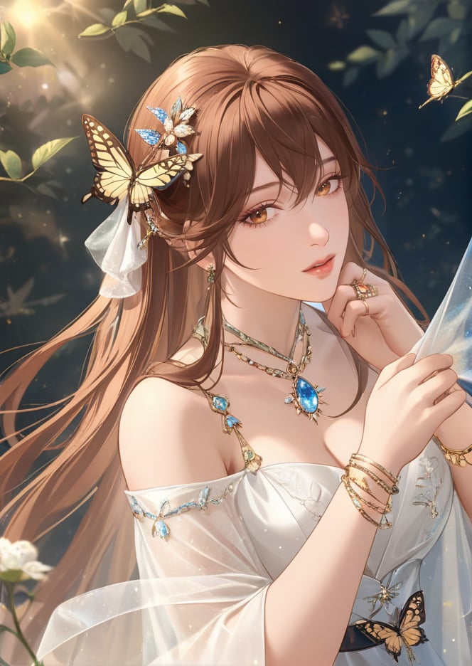 (best quality), ((masterpiece)), (highres), illustration, original, extremely detailed,  <lora:古风·鸢行风上:0.7>1girl, solo, looking up, butterfly, bug, bracelet, jewelry, brown hair, hair ornament, dress, lips