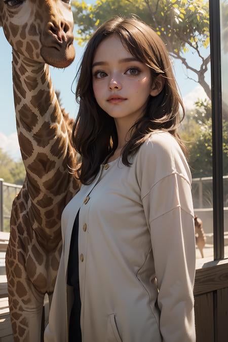 ( detailed realistic background:1), ( official art, beautiful and aesthetic:1 ), realistic lighting, cinematic lighting, hyperrealism, soft light, sharp, artistic photoshoot, ( cute, petite ), slender, pale cheeks, natural "no-makeup" makeup,  ((The girl is at the zoo park, 1Giraffe in the background)), looking at viewer, light smile, 