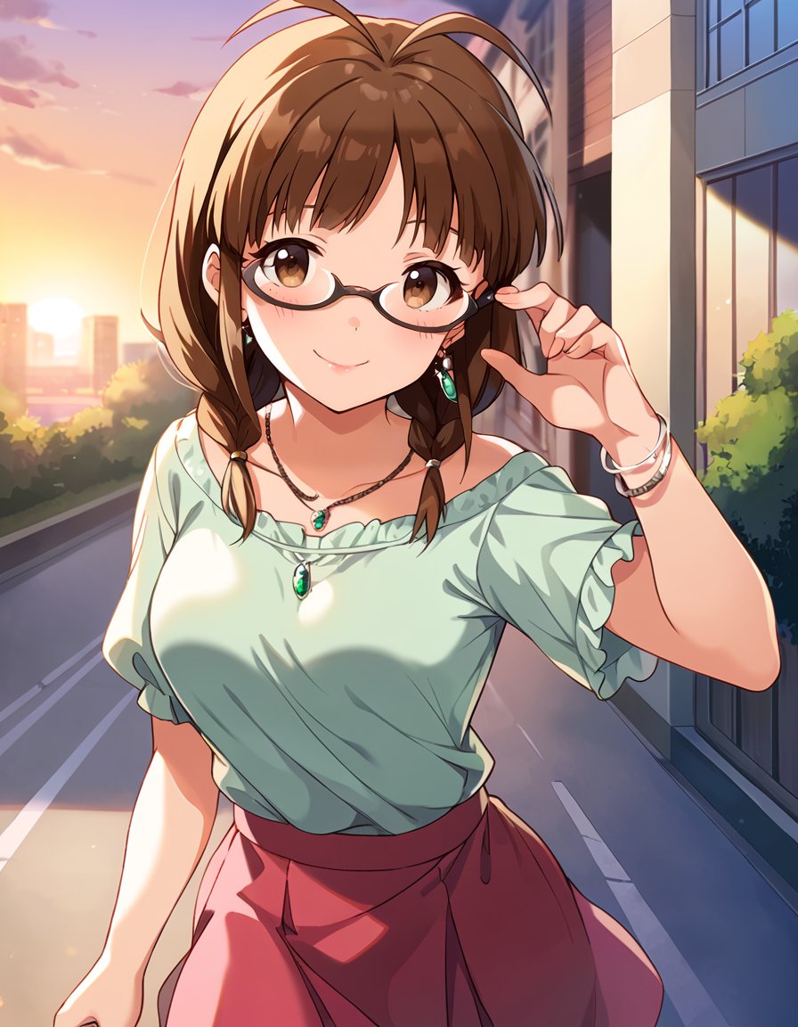 score_9, score_8_up, score_7_up, source_anime,pinup of 1girl, solo, fov, dating, walking, smile, blush, looking at looking at viewer, adjusting eyewear, outdoors, street, tokyo, display window, sunset,  blurry background,  <lora:AkizukiRitsuko_pony_v1:0.9>akzkrtk, long hair, brown hair, twin braid, bangs, antenna hair, brown eyes, glasses, medium breasts, casual wear, green shirt, skirt, lipstick, earrings, necklace, bracelet, 