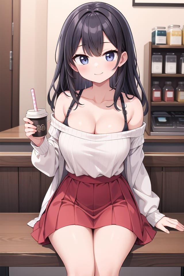 insanely detailed, absurdres, ultra-highres, ultra-detailed, best quality,1girl, solo, nice hands, perfect hands,BREAKwearing sweater, off shoulder sweater, one piece sweater, sweater with long sleeves, bare shoulder, collarbone, red skirtBREAKhappy smile, laugh, closed mouth,sitting, holding coffee cup,from below, cowboy shot, looking at viewerBREAKslender, kawaii, perfect symmetrical face, ultra cute girl, ultra cute face, ultra detailed eyes, ultra detailed hair, ultra cute, ultra beautiful,BREAKindoors, in coffee shopBREAKlarge breasts, black hair, long hair, black eyes