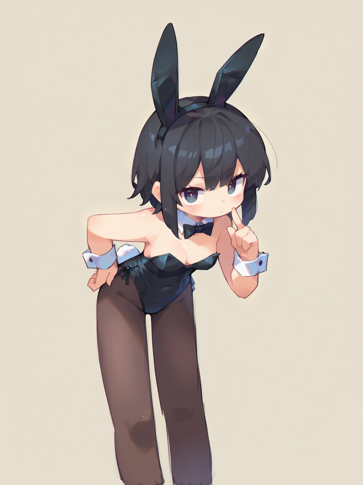 score_9, score_8_up, score_7_up, score_6_up, score_5_up, score_4_up, source_anime, rating_safe, embedding:zPDXL2, 1girl, solo, playboy bunny, black bunnysuit, black hair, short long hair, standing, leaning forward, hand on hip, index finger raised, simple background,