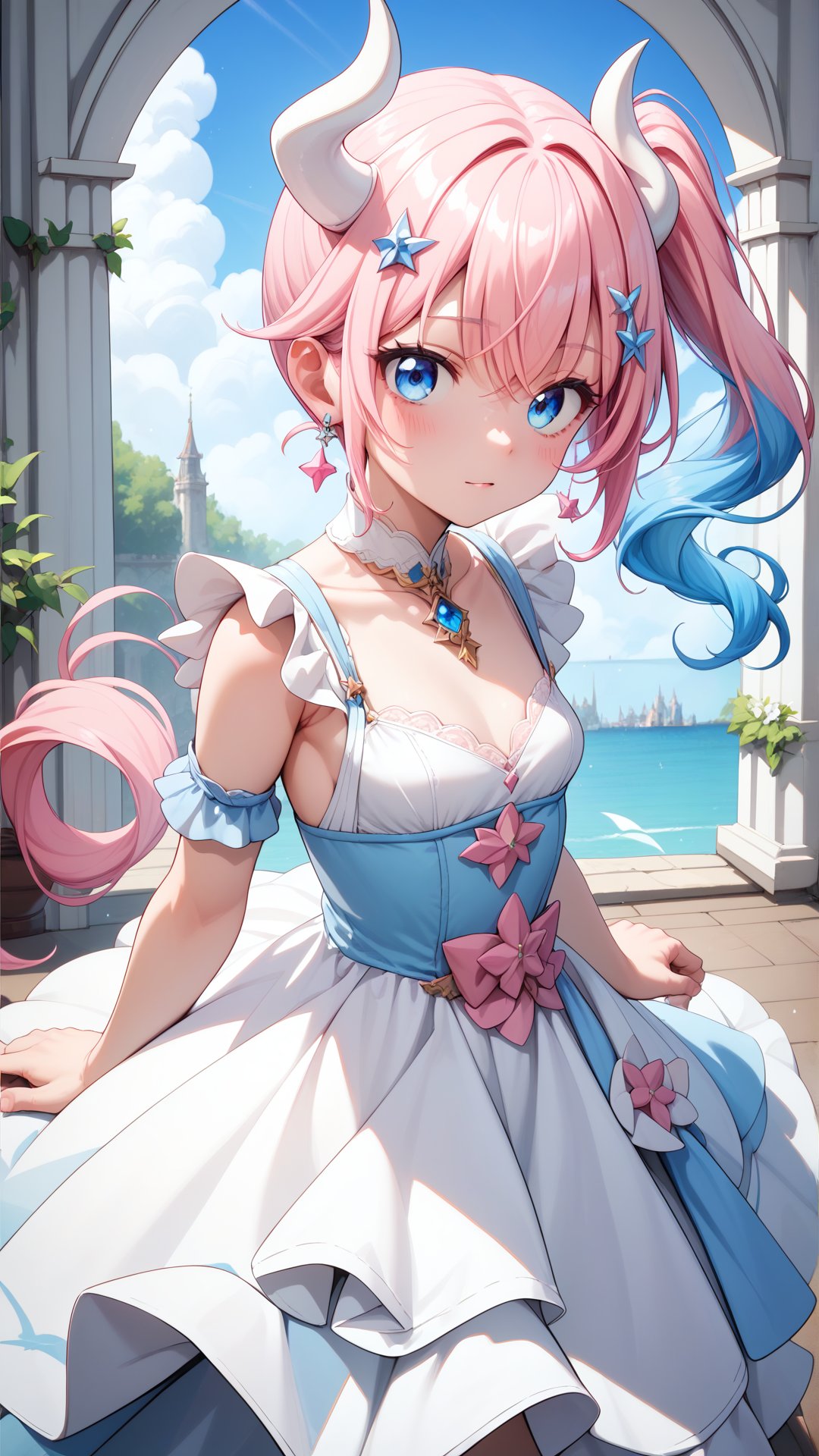 Score_9, score_8_up, score_7_up, masterpiece, best quality, 1girl, (Pink hair:1.1), blue eyes, Gradient hair, White horns, (light blue hair tips:0.9), Side ponytail, (small breasts:0.9), <lora:yuta-chernobaeva-pxl:0.7>, yuta-chernobaeva-pxl, Dress