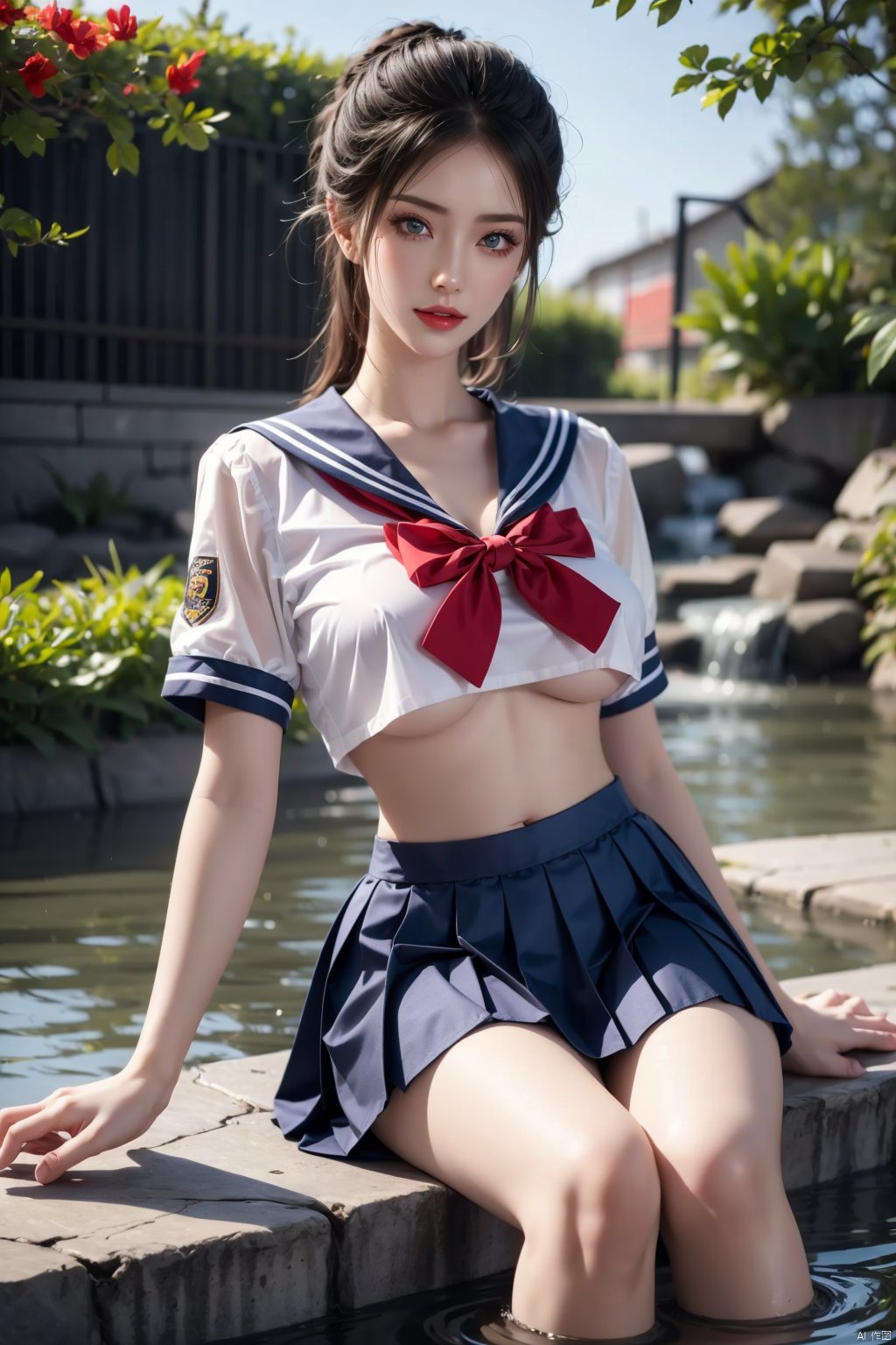 1girl, solo, skirt, breasts, school uniform, underboob, sitting, serafuku, pleated skirt, crop top, outdoors, blue skirt, looking at viewer, crop top overhang, sailor collar, blurry background, bow, blurry, short sleeves, black hair, day, blue eyes, shirt, red bow, white shirt, large breasts, bowtie, no bra, blue sailor collar, water, lips, forehead, red lips, brown hair, soaking feet, parted lips, JK<lora:EMS-361301-EMS:0.800000>