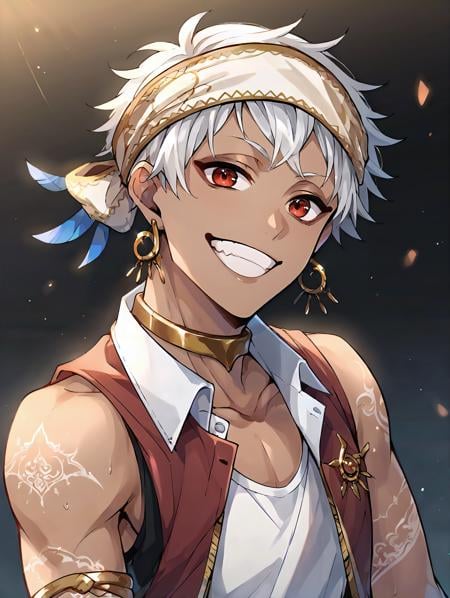 score_9, score_8_up, score_7_up, score_6_up, score_5_up, score_4_up, rating_explicit, BREAK kalimalasim, 1boy, slim, dark skin, arm tattoo, red eyes, white hair, headband, short hair, jewelry, earrings, <lora:KalimAlAsim_PDXL:1>, shirt, smile