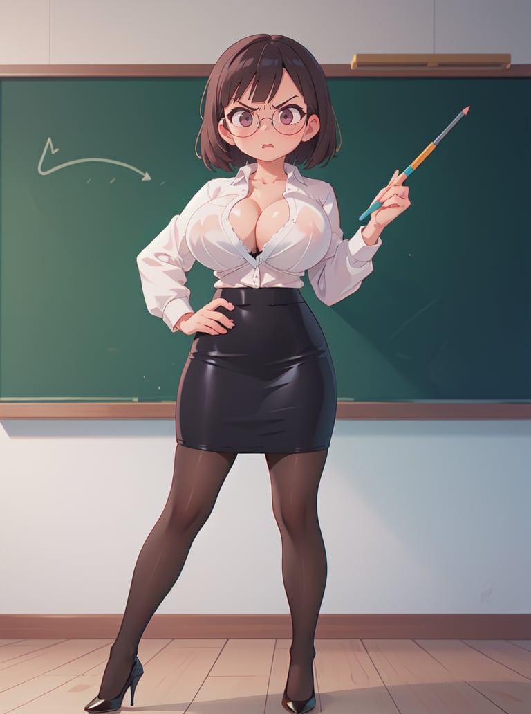 8k, masterpiece, highly detailed, high quality,1girl with (round breasts) <lora:round_breasts-SD-1.0:1>classroom, teacher, glasses, pointer, chalkboard, angry, large breasts, thighhighs, heels, pencil skirt, bra peek, button gap, 