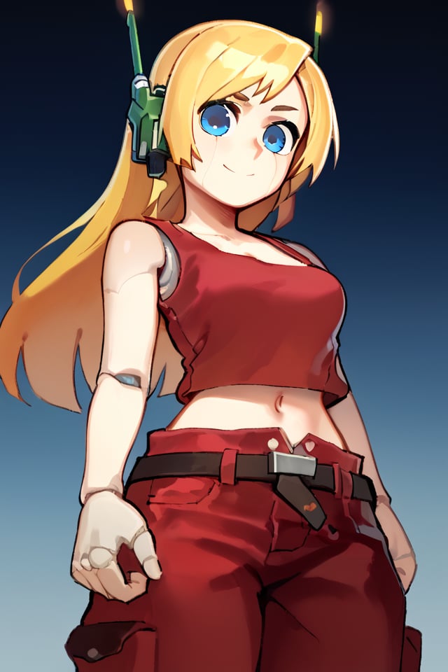 score_9, score_8_up, score_7_up, source_anime, best quality, masterpiece, 5_fingers, BREAKsimple background, gradient background, cowboy shot<lora:WD-MAnon-XLV3:1><lora:Curly_Brace_-_Cave_Story_PONY:1> 1girl, android, robot joints, red shirt, crop top, bare shoulders, blonde hair, long hair, headphones, robot ears, blue eyes, red pants, navel, midriff