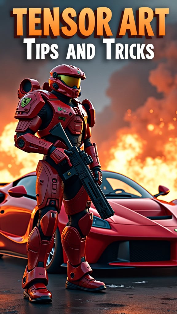 Title: Display the title "TENSOR ART Tips and Tricks" in large playful text at the top or center of the poster.Main Character: Depict a photo of a Space Marine standing next to a Ferrari, dynamic pose,Background: large explosions with a space marine battle scene, Ensure the background is vibrant and engaging.