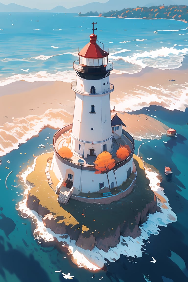 masterpiece,best quality,(from above:1.5),(seaside,autumn,:1.2),Wide sea,horizon,There is a small lighthouse on the small bridge,no people,nobody,very detailed,realistic details,light particle effect,excellent work,extremely elaborate picture description,8k wallpaper,obvious light and shadow effects,ray tracing,obvious layers,depth of field,best quality,