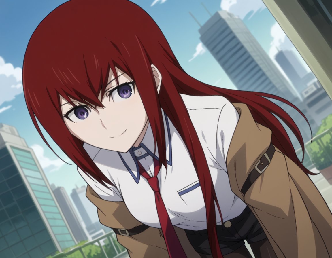 score_9, score_8_up, score_7_up, source_anime,kurisumakise, <lora:kurisu-makise-s1-ponyxl-lora-nochekaiser:1>,kurisu makise, hair between eyes, hair over shoulder, long hair, purple eyes, red hair, straight hair,black pantyhose, black shorts, brown coat, coat, collared shirt, long sleeves, necktie, pantyhose, pantyhose under shorts, shirt, short shorts, shorts, sleeves past wrists, white shirt, wing collar,outdoors, cityscape, bent over, smile,looking at viewer, cowboy shot, solo, dutch angle,