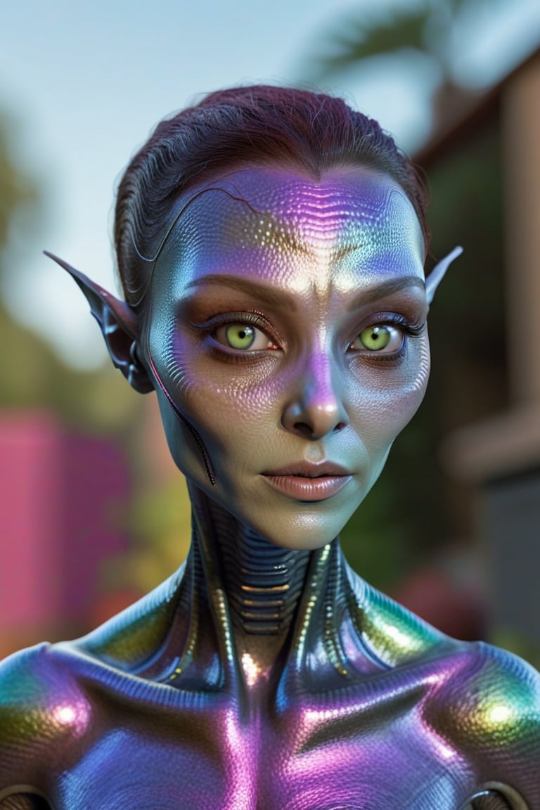 female alien,  multi colored metallic skin,  alien planter in the background,  best quality,  amazing quality,  very aesthetic,  absurdres, perfect eyes, aw0k euphoricred style, skin blemish, Extremely Realistic,<lora:EMS-74471-EMS:0.600000>