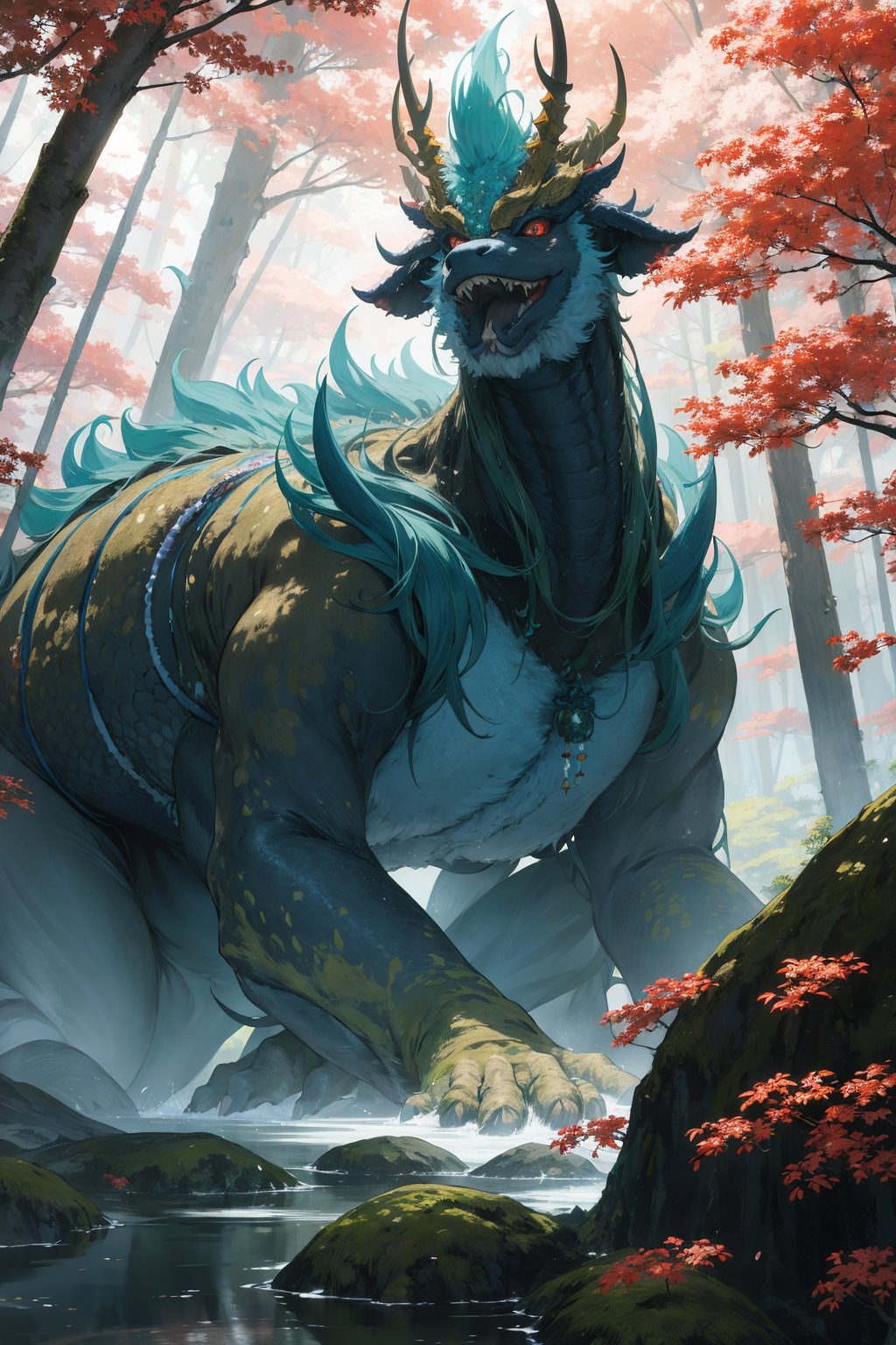 ((masterpiece)), ((best quality)), absurdres, 8k uhd, beautiful colors, insane detail,Huge Japanese deity ((monster)) in a Japanese forest looking at viewer