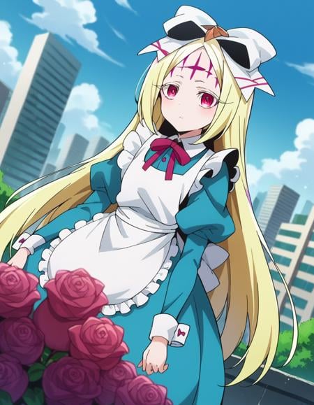 score_9, score_8_up, score_7_up, source_anime,morinokorisu, <lora:morino-korisu-ponyxl-lora-nochekaiser:1>nero alice, long hair, blonde hair, red eyes, bow, hair bow, pink eyes, facial mark, forehead mark,long sleeves, dress, ribbon, apron, white apron, puffy sleeves,outdoors, cityscape,looking at viewer, dutch angle, cowboy shot