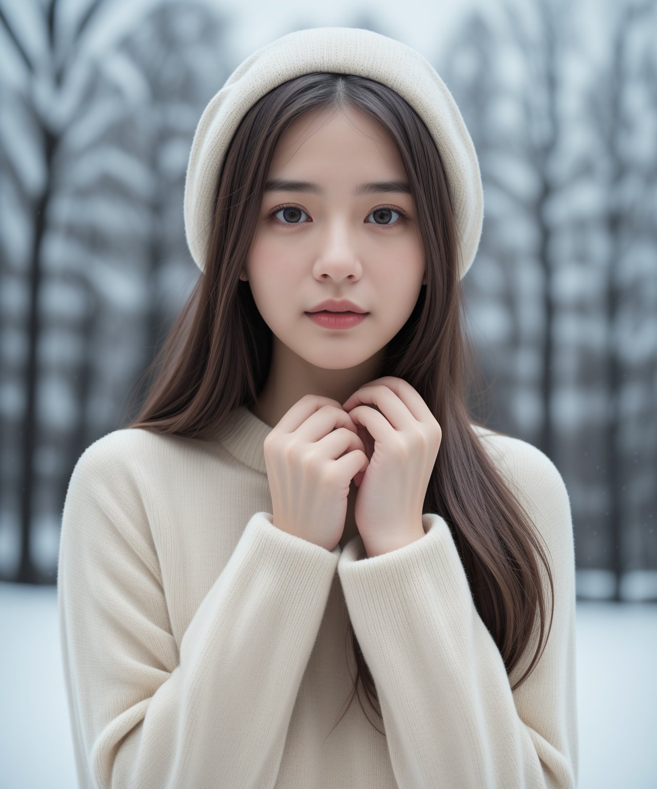 masterpiece, best quality, raw photo, realistic, adult girl, looking at viewer, supporting head on two hands, long hair, sweater, sweater hat, extremely beautiful detailed face, best shadow, medium breasts, (cute face, temptations look), snowing, snowing background, (sepia photography), (professional photo, balanced photo, balanced exposure)