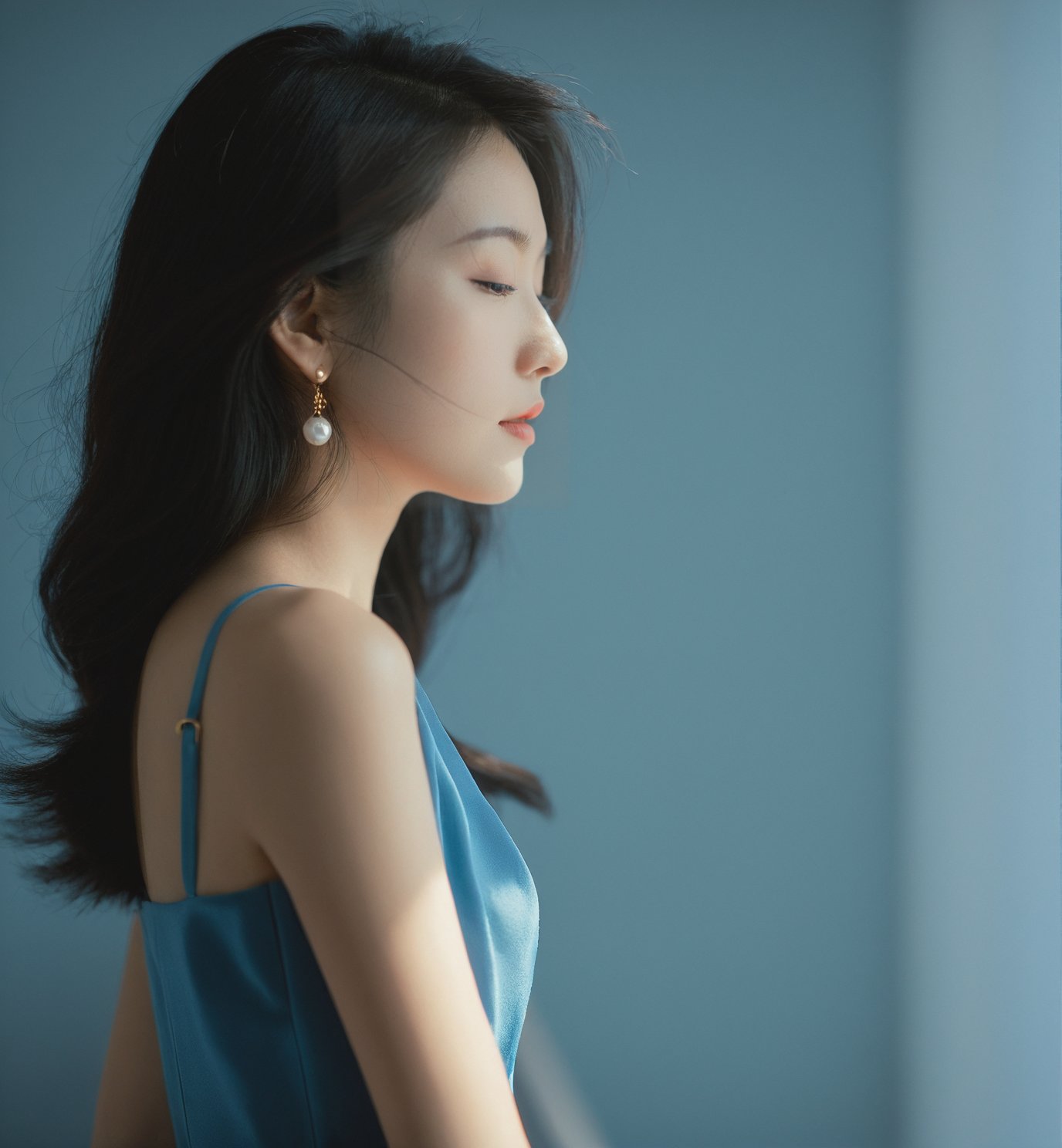 ,woman,Asian ethnicity,profile view,natural light,indoor setting,soft focus,moody,side lighting,contemplative expression,hair clip,blue dress,subtle makeup,young adult,serene,shadows,warm tones,1girl,solo,realistic,closed eyes,blurry,black hair,blurry background,closed mouth,photorealistic,lips,collarbone,upper body,portrait,depth of field,nose,<lora:15-000008:0.6>