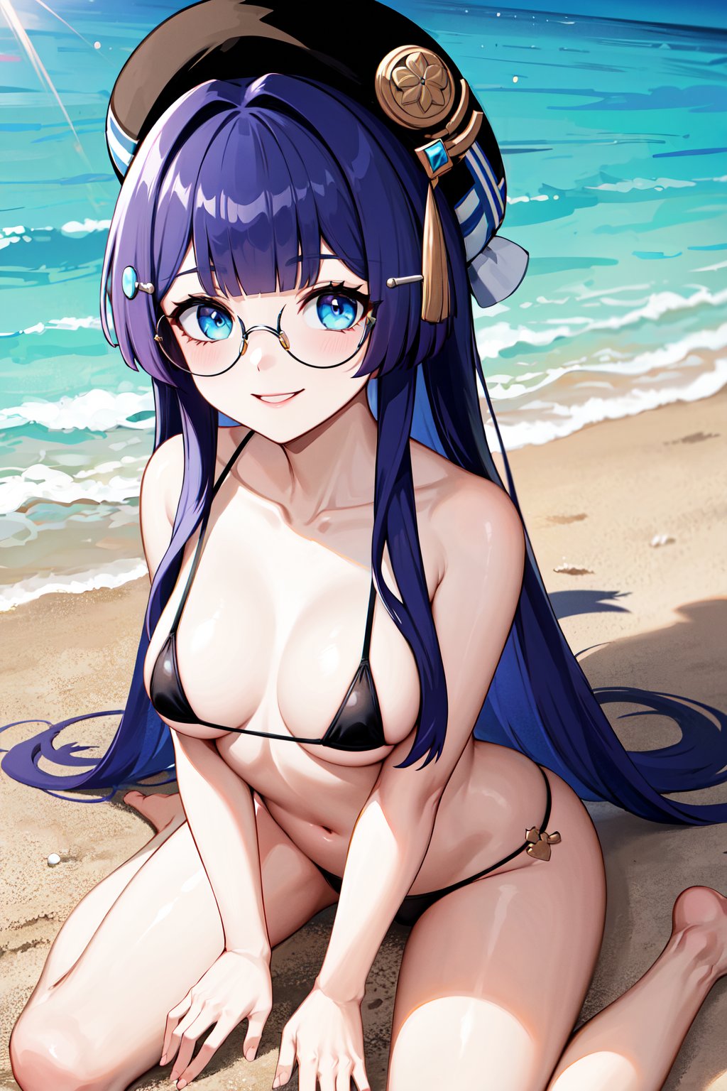 masterpiece, best quality, highres, aapela, long hair, hat, black headwear, hair ornament, glasses, <lora:pela_v1:0.7>, micro bikini, collarbone, beach, smile, wariza,