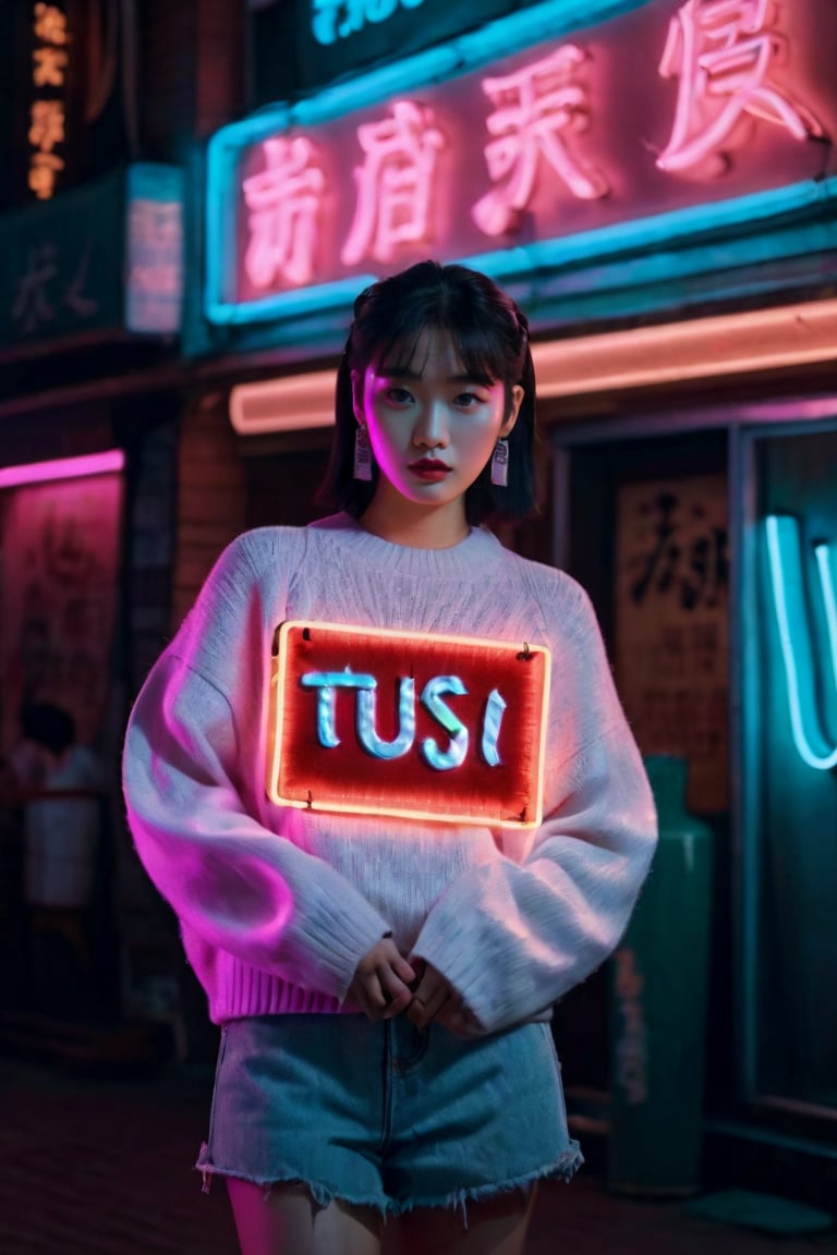 A young chinese woman holding a neon sign that says "TUSI" realism,cinematic outfit photo,cinematic pastel lighting,80s neon movie still,knitted sweater,