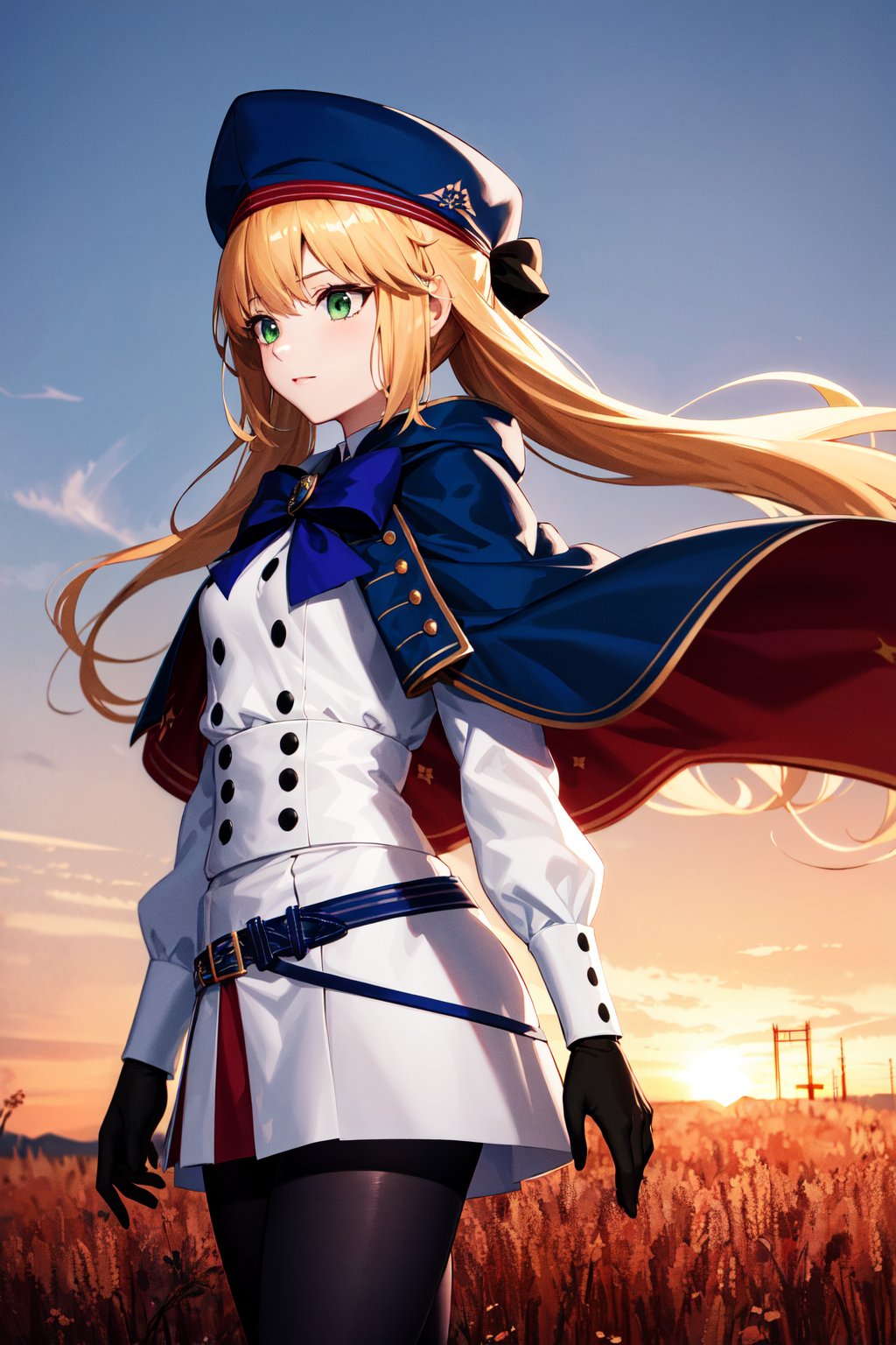 masterpiece, best quality, highres, bbcaster, long hair, twintails, beret, blue headwear, green eyes, blue cape, bowtie, white dress, long sleeves, black gloves, buttons, double-breasted, blue belt, black pantyhose, <lora:artoria_caster_(caster)_v1:0.7>, sunset, field, standing, cowboy shot, from side