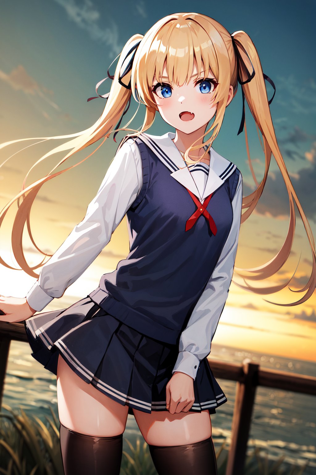 masterpiece, best quality, highres, aaeriri, long hair, twintails, hair ribbon, fang, school uniform, sailor collar, white shirt, sweater vest, long sleeves, pleated skirt, black skirt, black thighhighs, <lora:sawamura_spencer_eriri_v1:0.7>, standing, cowboy shot, outdoors