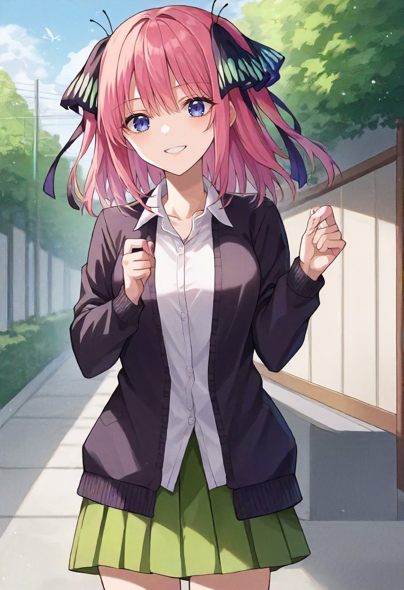 score_9, score_6_up, source_anime, 1girl, solo, cowboy shot, school, outdoors, nakano nino, pink hair, butterfly hair ornament, black cardigan, collared shirt, green skirt, light smile <lora:quintessential_quintuplets_sdxl_pony:0.8>