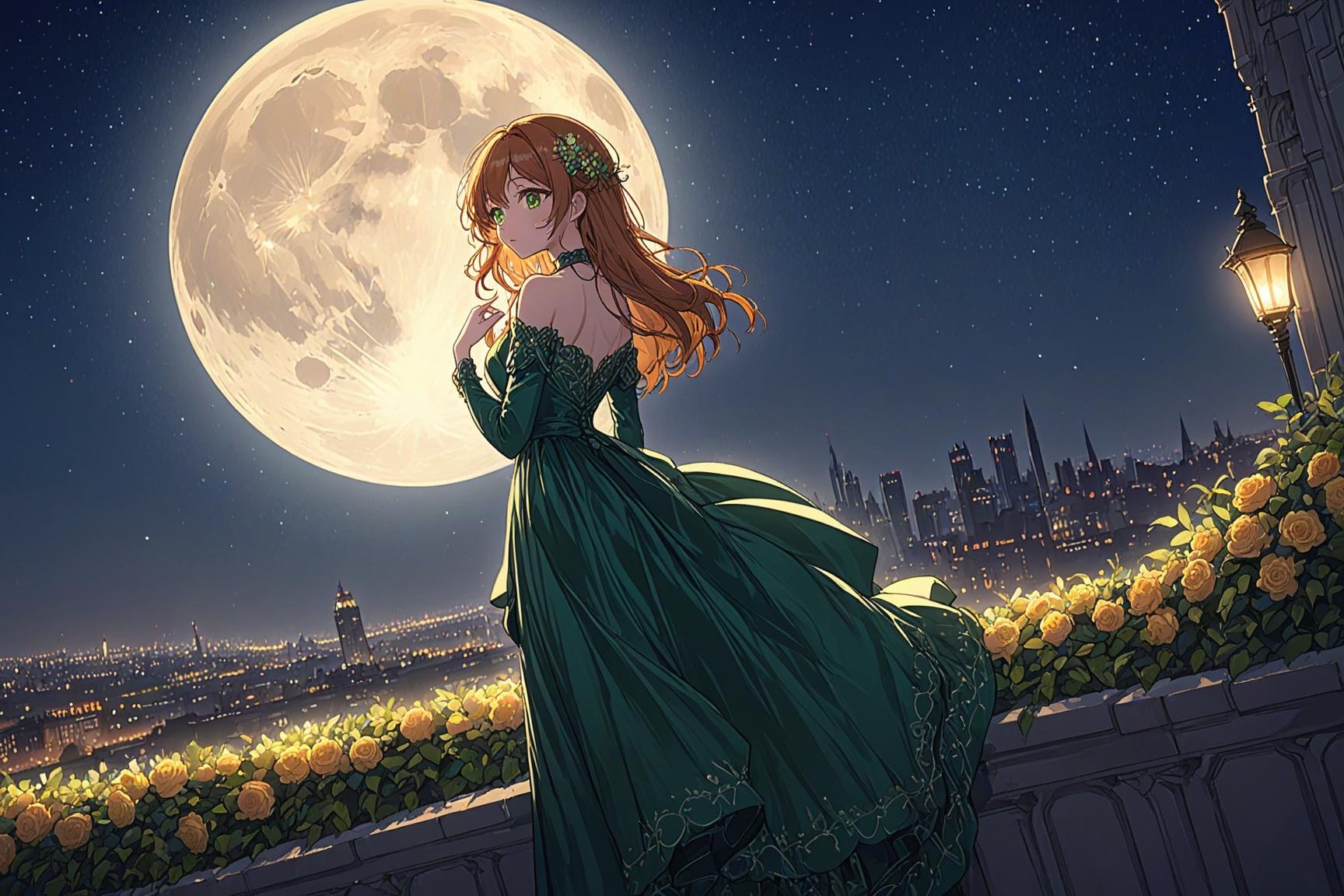 (best quality),((masterpiece)),(highres),original,extremely detailed 8K wallpaper,(an extremely delicate and beautiful),anime,\\,woman on the night embankment,leaning on the parapet,ginger hair,green eyes,evening luxurious dress,brunette (man:1.2) in a suit with a bouquet of flowers,full moon,detailed night sky,detailed night city,cinematic,light shining,sharp focus,highly intricate,elegant,very coherent,innocent,designed,shiny,