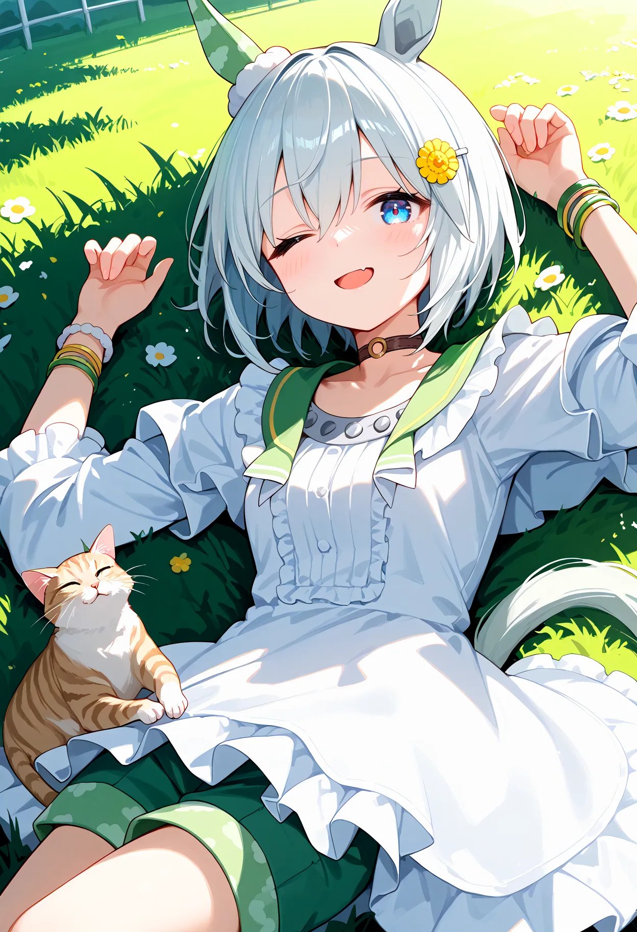 score_9, score_8_up, score_7_up, BREAK, best quality, masterpiece, very aesthetic, ultra detailed,very detailed background,BREAK,,zPDXL3,SS_Race, 1girl, solo, short hair, white hair,blue eyes, hair ornament, horse ears, horse tail,green shorts, choker, hairclip,Flutter Sleeves,white dress,bracelet,white frills,(Sailor collar:0.6), lying, one eye closed, cat,field, <lyco:Seiun_Sky-ponyXL_locon:1>