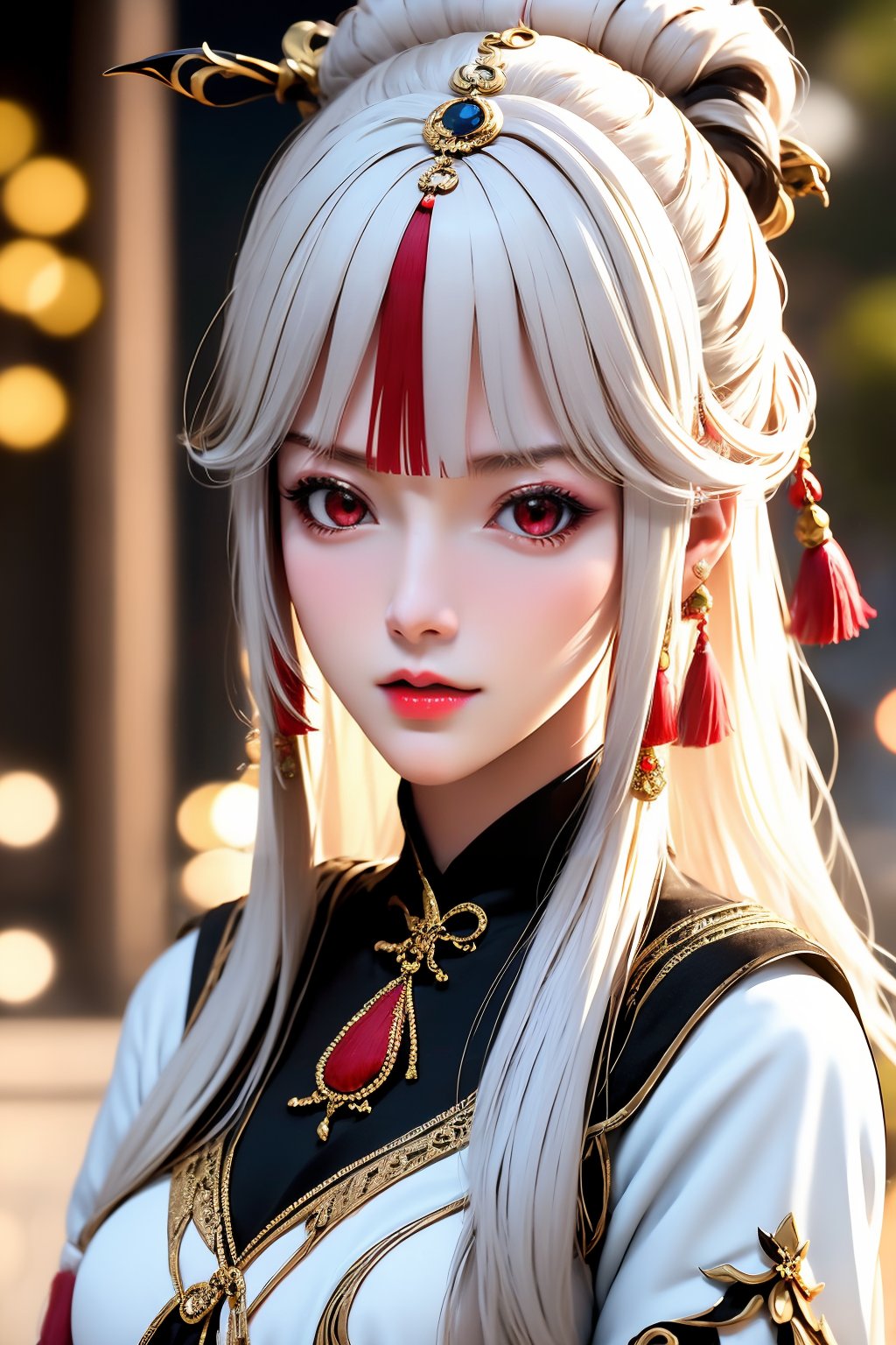 1girl, solo, red eyes, hair ornament, long hair, ningguang \(genshin impact\), tassel, looking at viewer, white hair, parted lips, upper body, tassel hair ornament, blurry, blurry background, hair stick, chinese clothes, jewelry, red lips, parted bangs, dress, lips, long sleeves, sidelocks, breasts, depth of field, makeup, gold trim, gem, bokeh, white dress,