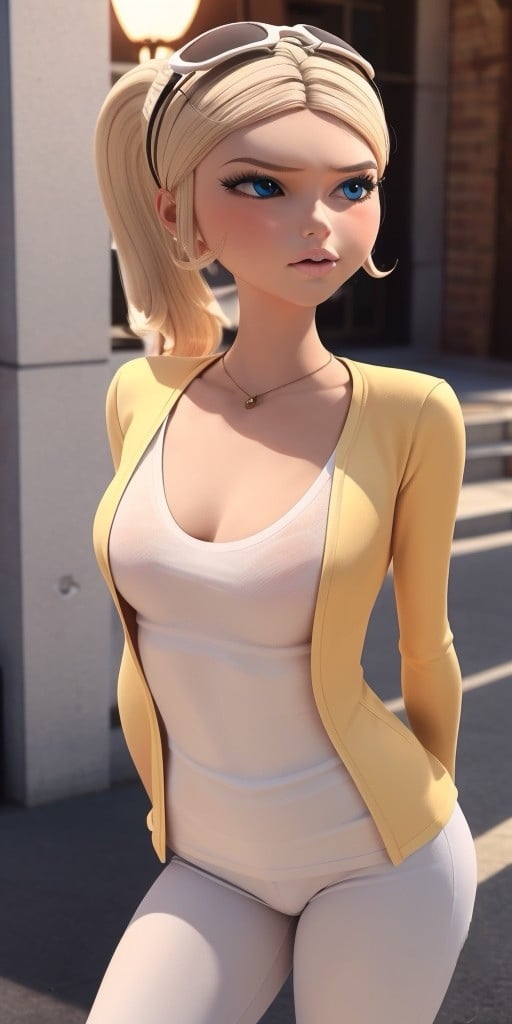 Hyperrealistic, photorealistic, super detailed, (unbuttoned yellow jacket), (white T-shirt), white jeans, expressive brilliant cobalt blue eyes, perfect face, pale pink lips, light honey blonde hair, hair parted in the middle while pulled back into a high ponytail held in place by a white hair tie, pale light grayish cerulean eye-shadow, light scarlet blush, pale, light pink lipgloss, body like in real life, large pores, fair skin, slender, beautiful arms, very little very flat breasts, unreal engine, octane render, droped shadow, bokeh, cinematic lighting, <lora:add_detail:0.5>, <lora:Volumetric_lighting:0.6>, Chloe Bourgeois, , <lora:a24b2644-9452-483e-9fb6-638ba1ae90ac:0.7>