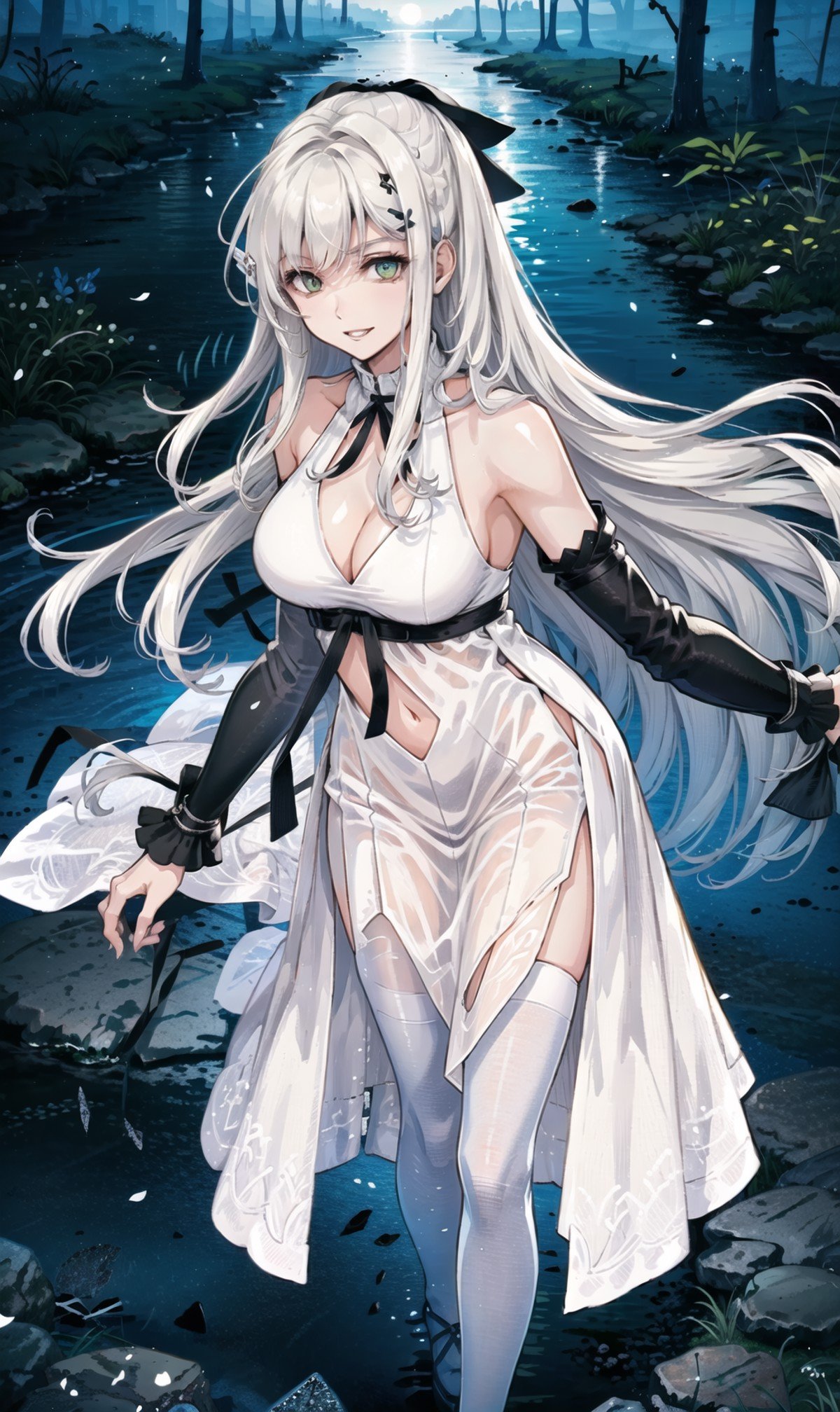 ((cool pose,dynamic angle,standing)),(mature female),solo,(evil smile),long hair, thighhighs,((white hair):1.4), large breasts,(very long hair),(green eyes),((Bright eyes):1.1),(hair ribbon),((white evening dress):1.2),(neck ribbon),(Shoulder strap),(clothing_cutout,detached_sleeves),((blue ribbon)), ((black sleeves)),<hypernet:kiseki_style:0.6><lora:lightAndShadow_v10:0.4><hypernet:piromizu_style:0.4><lora:zero_loar:0.6> 