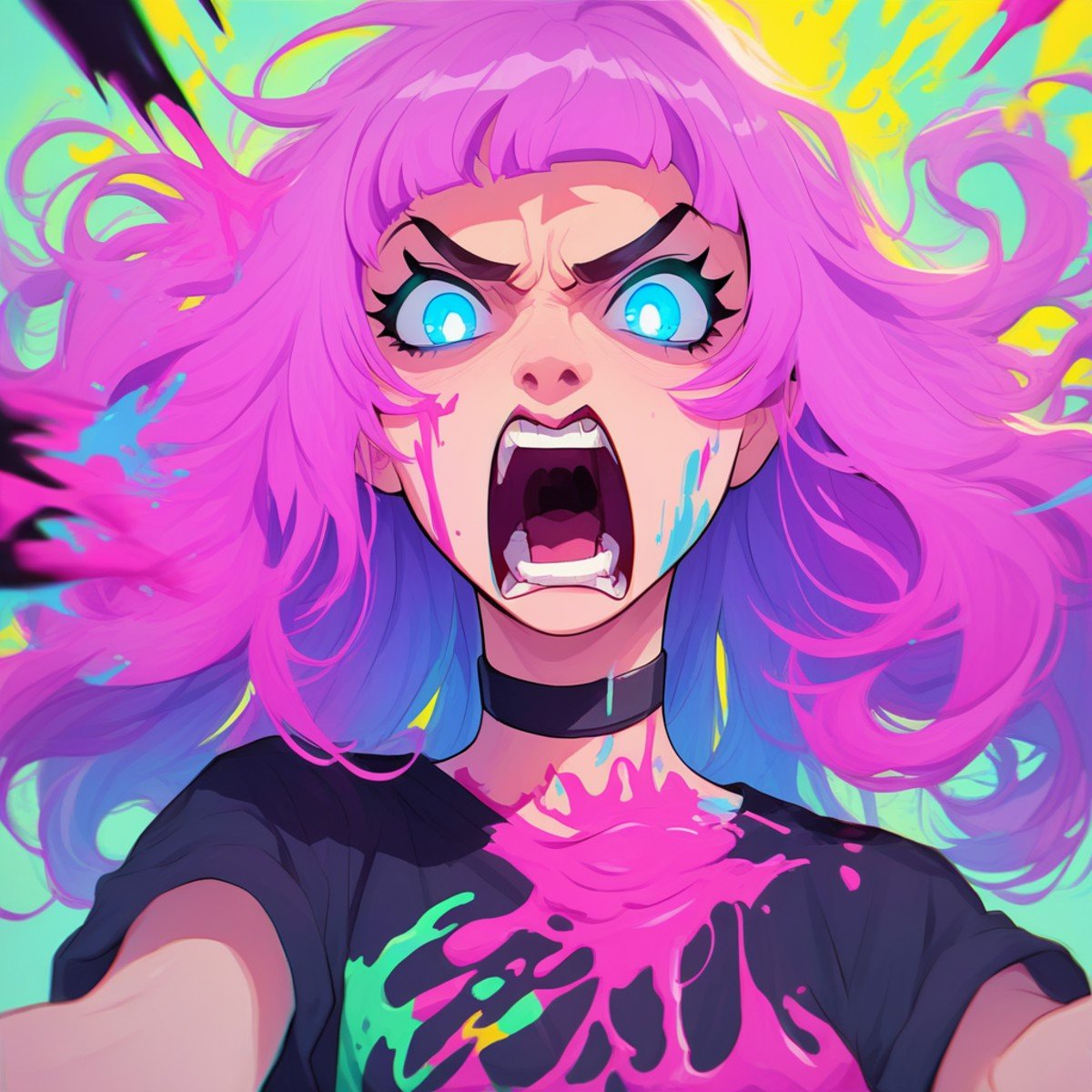 did vaporwave style, 1girl, solo, long hair, choker, open mouth, paint splatter, glowing eyes, black choker, glowing, purple hair, looking at viewer, shirt, multicolored hair, blue eyes, upper body, pink hair, paint, short sleeves, emotional, yelling,, score_9, score_8_up, score_7_up, score_6_up, score_5_up, score_4_up