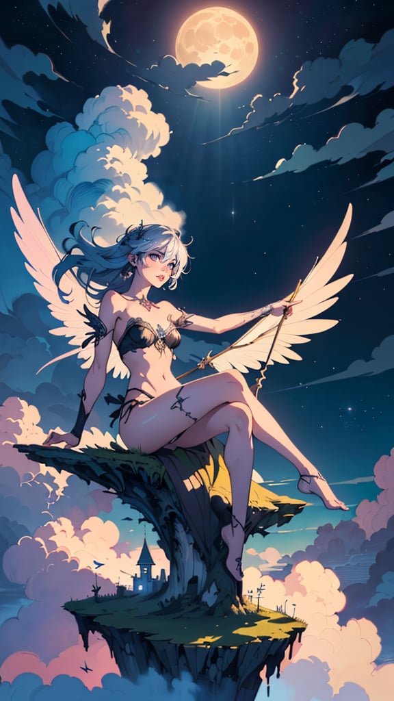 ((best quality)), ((masterpiece)), (detailed), alluring succubus, ethereal beauty, perched on a cloud, (fantasy illustration:1.3), enchanting gaze, captivating pose, delicate wings, otherworldly charm, mystical sky, (Luis Royo:1.2), (Yoshitaka Amano:1.1), moonlit night, soft colors, (detailed cloudscape:1.3), (high-resolution:1.2)