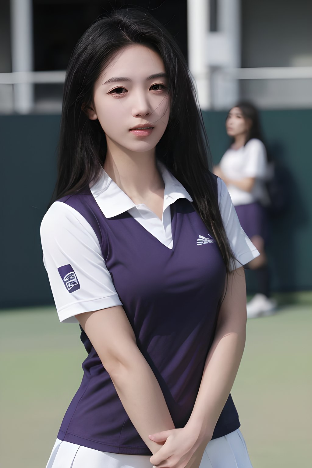 <lora:0830_09:0.7>,purple tennis_uniform,, 1girl,realistic,masterpiece, best quality, photorealistic, HDR,detail